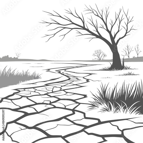 Cracked earth tundra landscape with bare tree and grass