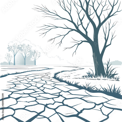 Cracked earth with bare tree and grass dry land tundra