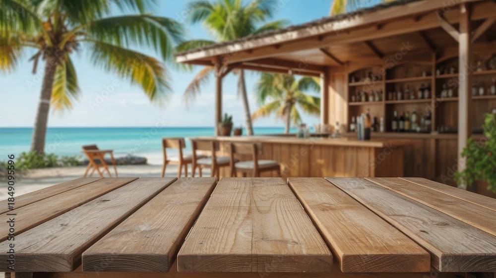 Fototapeta premium Empty Wooden Table with Blurred Tropical Beach Bar and Ocean Background