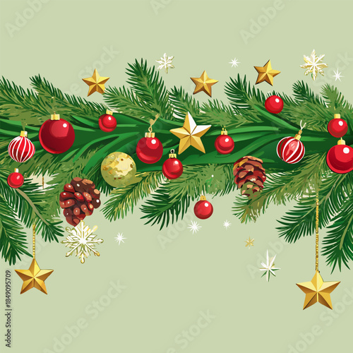 Festive Christmas Pine Garland Banner with Stars and Ornaments Vector