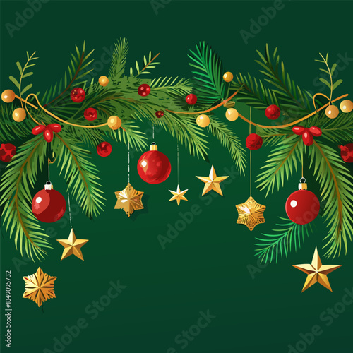 Festive Christmas Pine Garland Banner with Stars and Ornaments Vector