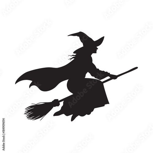Vector Flying witch silhouette. Classic witch soaring on broomstick with pointed hat and flowing cloak.