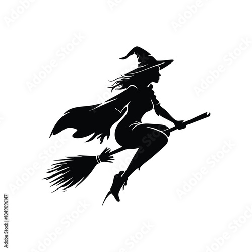 Vector Flying witch silhouette. Classic witch soaring on broomstick with pointed hat and flowing cloak.