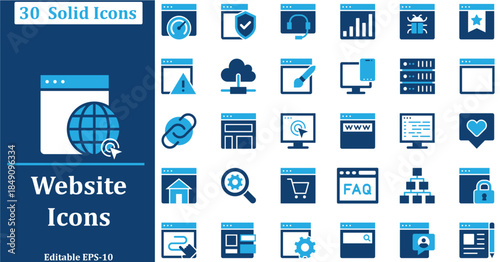 Website and Web Development Solid Icons set for web design, ui ux, development and digital services