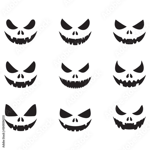 Vector Scary Pumpkin Faces Set. Jack O Lantern Face. Pumpkin Face Template. Simple Creepy Horror. isolated on white background