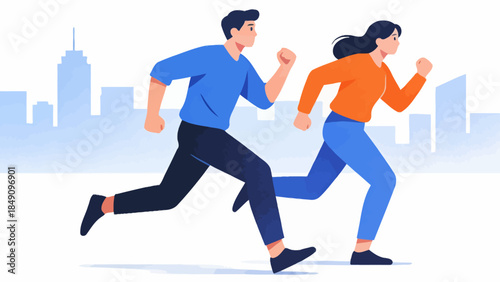 Two people running in a cityscape