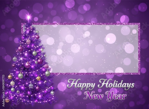 Merry Christmas greeting card featuring a festive winter tree with red ornaments and a gold star illustration set against a snowy December holiday background for the New Year celebration