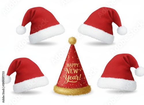 A festive red and white fur Santa Claus hat isolated on a plain background serves as a traditional symbol of the Christmas holiday season and winter celebration