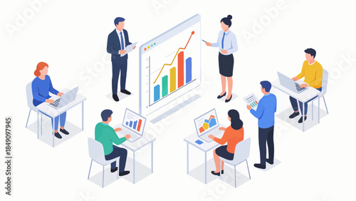 office workers with data charts