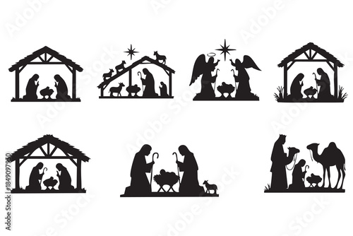 Nativity Scenes Silhouette Art Collection Festive Religious Celebration Iconography. isolated on white background