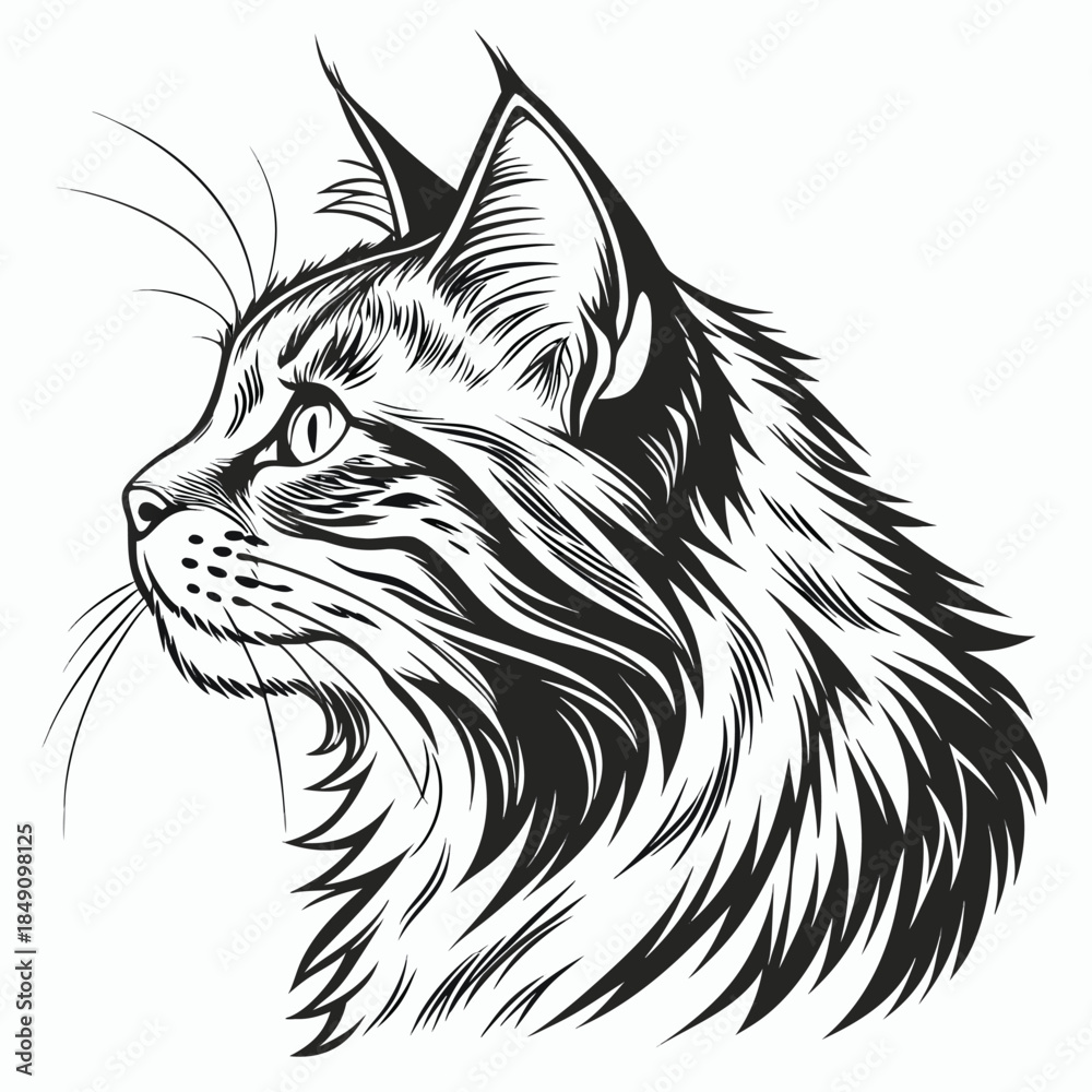 Fototapeta premium Elegant Black and White Cat Illustration Side Profile Portrait Artwork