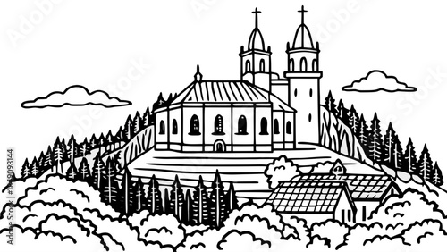 Very beautiful aerial view of Holy Hill in Wisconsin, featuring a medieval-style church atop a wooded hill, rising above surrounding countryside with spiritual presence and striking architectural symm