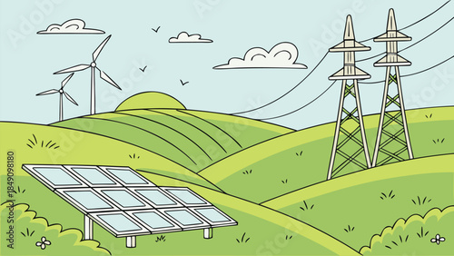 Illustration of renewable energy sources including solar panels and wind turbines