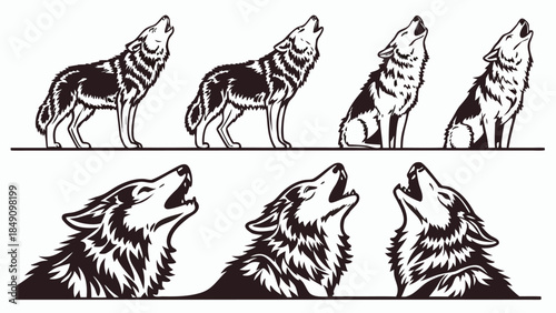 Collection of howling wolves in various poses 