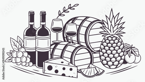 Wine bottles glasses barrel pineapple cheese grapes and barrel illustration