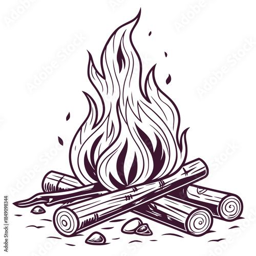 Campfire illustration with flames and logs outdoor adventure symbol