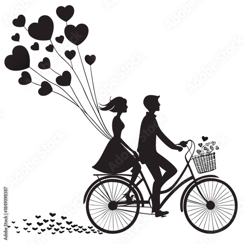 Couple riding bicycle with heart balloons and flowers in basket illustration