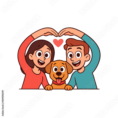 Happy couple and their beloved dog forming a heart with their hands