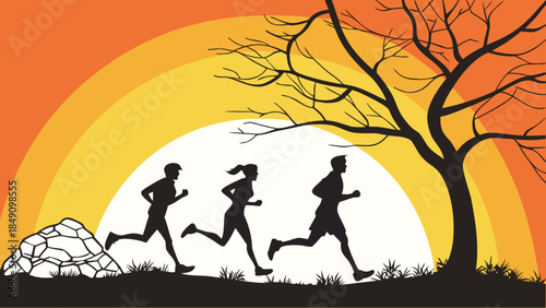 Silhouettes of Runners Jogging at Sunset with Tree and Rock