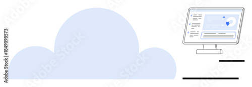 Cloud computing, remote access, data analytics, cybersecurity, cloud storage, IT solutions. Large cloud shape next to a desktop screen displaying data. Cloud computing and remote access concept