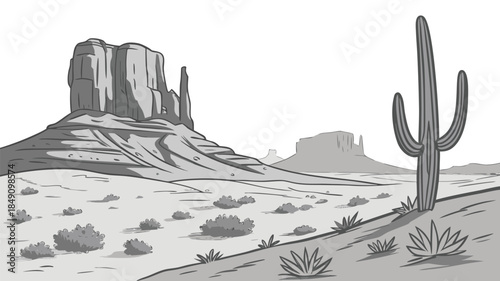 Desert landscape with cacti and rocky formations under a clear sky