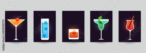 Set of abstract silhouette cocktails with alcohol or juice in minimalistic geometric flat style. Creative colorful composition. Concept for branding menu, cover, flyer, banner. Vector illustration.