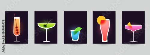 Cocktail drinks illustration in minimalist fashion style for card, poster, cover, menu, banner. Set templates vector art with bright gradient or blurred elements.