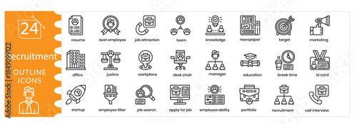Recruitment Icons Set , Modern Hiring Process, Talent Acquisition, Human Resources,Employee Selection, Interview, Career Opportunity and Workforce Management Visual Symbols. Editable Stroke.