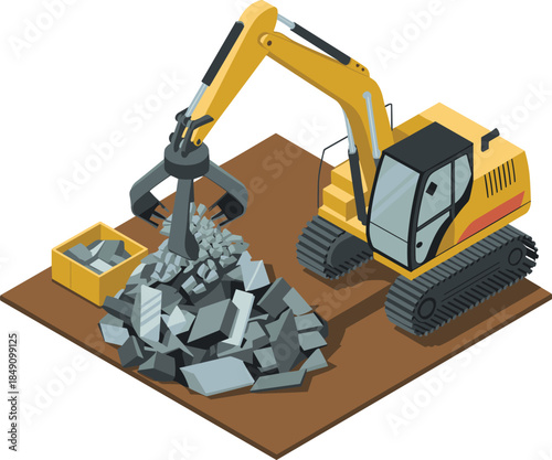 Isometric excavator illustration, construction machinery, demolition work site, heavy equipment operation, industrial engineering, earthmoving technology, building industry