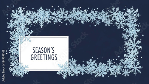 Season’s Greetings Winter Snowflake Frame on Blue Background Elegant Christmas Card
