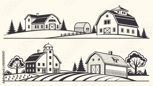 Black and white farmhouse illustration with barns and fields in rural countryside