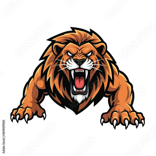 A fierce lion mascot roaring aggressively in a striking pose, presented in a flat 2D vector illustration style, isolated on a clean white background.