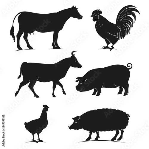 Silhouettes of various farm animals including cow rooster goat pig chicken and sheep