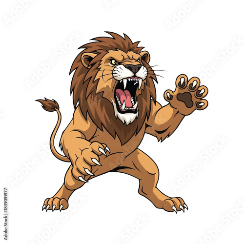 Bold 2D flat vector illustration of an angry lion mascot roaring fiercely in an aggressive attack stance, highlighting its sharp claws against a clean white background.