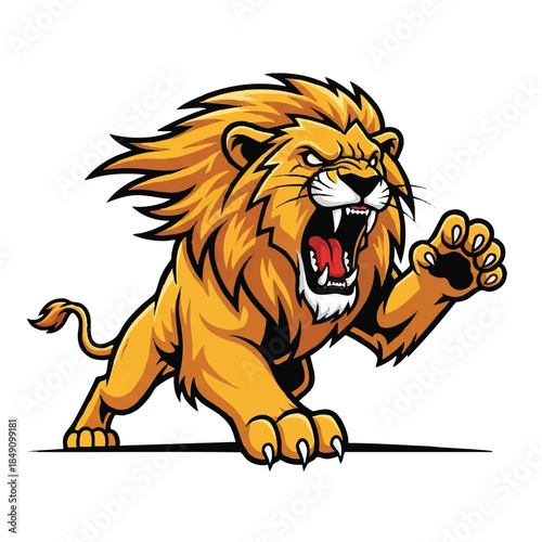 An aggressive, roaring lion mascot character, rendered in bold 2D flat vector illustration style, is charging forward with fierce intensity on an isolated white background.