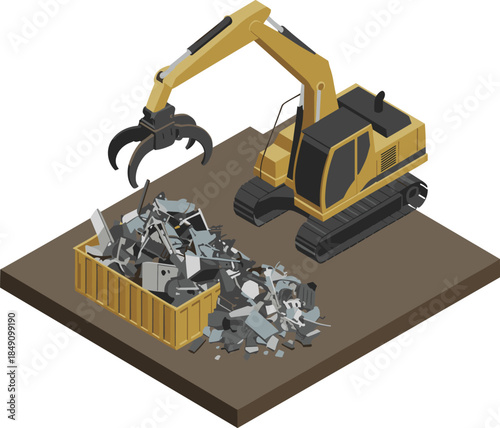 Isometric excavator illustration, construction machinery, demolition work site, heavy equipment operation, industrial engineering, earthmoving technology, building industry