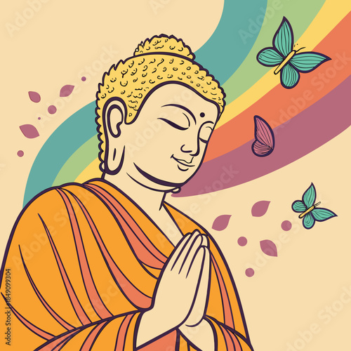 Illustrated Buddha Meditating with Butterflies and Rainbow Background