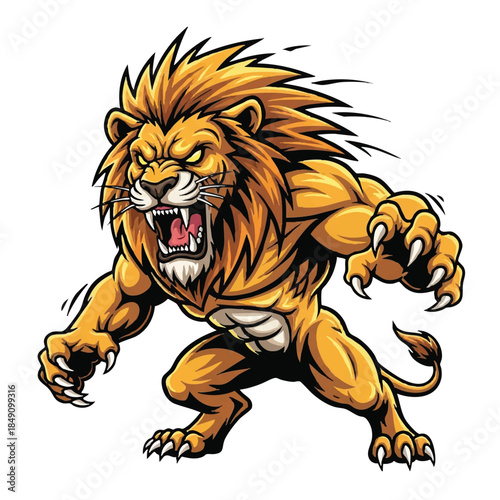 A dynamic angry lion mascot is illustrated in a bold flat 2D vector style, roaring fiercely and ready for battle, isolated on a clean white background.