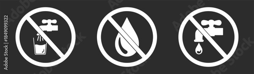 No water is prohibited, with warning signs for eco,  tap and drinking safety, environment, earth, nature, disposable items, icon and symbol