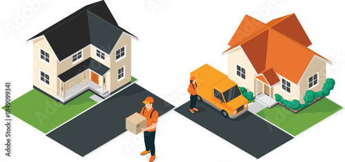 Isometric home delivery illustration, courier service concept, suburban houses, delivery truck, parcel transport, residential logistics, ecommerce shipping service
