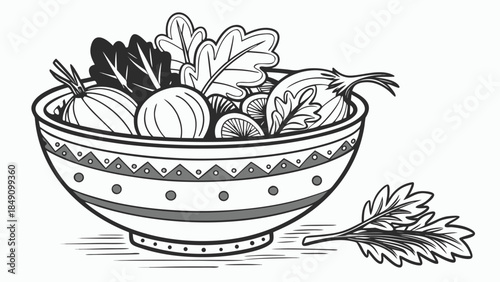 Decorative bowl filled with fresh vegetables and greens perfect for healthy meals