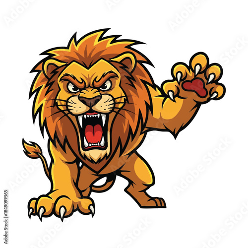Bild auf Leinwand Angry lion mascot with a fierce expression ready to attack, presented as a dynamic flat 2D vector illustration isolated on a clean white background