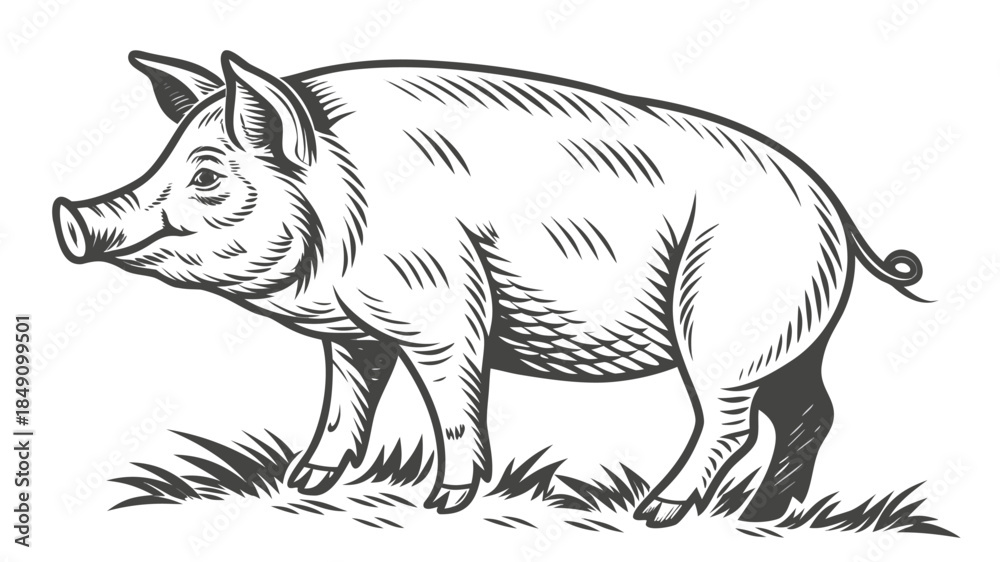 Fototapeta premium Illustrated Pig Walking on Grass in Black and White Line Art Style