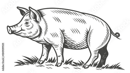 Illustrated Pig Walking on Grass in Black and White Line Art Style