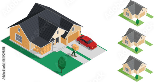 Isometric home delivery illustration, suburban house, courier carrying box, residential logistics service, doorstep shipping, ecommerce distribution, modern housing