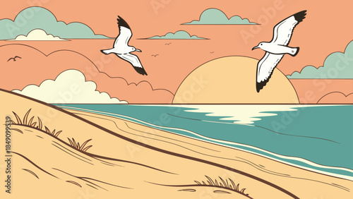 Seagulls flying over a serene beach at sunset with calm ocean waves