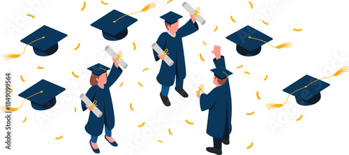 Isometric graduation celebration illustration, happy graduates holding diplomas, academic achievement concept, education success, commencement ceremony, student accomplishment