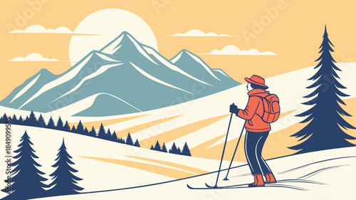Skier in Snowy Mountain Landscape with Trees and Sunrise