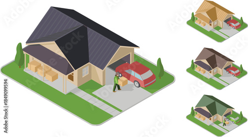 Isometric home delivery illustration, suburban house, courier carrying box, residential logistics service, doorstep shipping, ecommerce distribution, modern housing