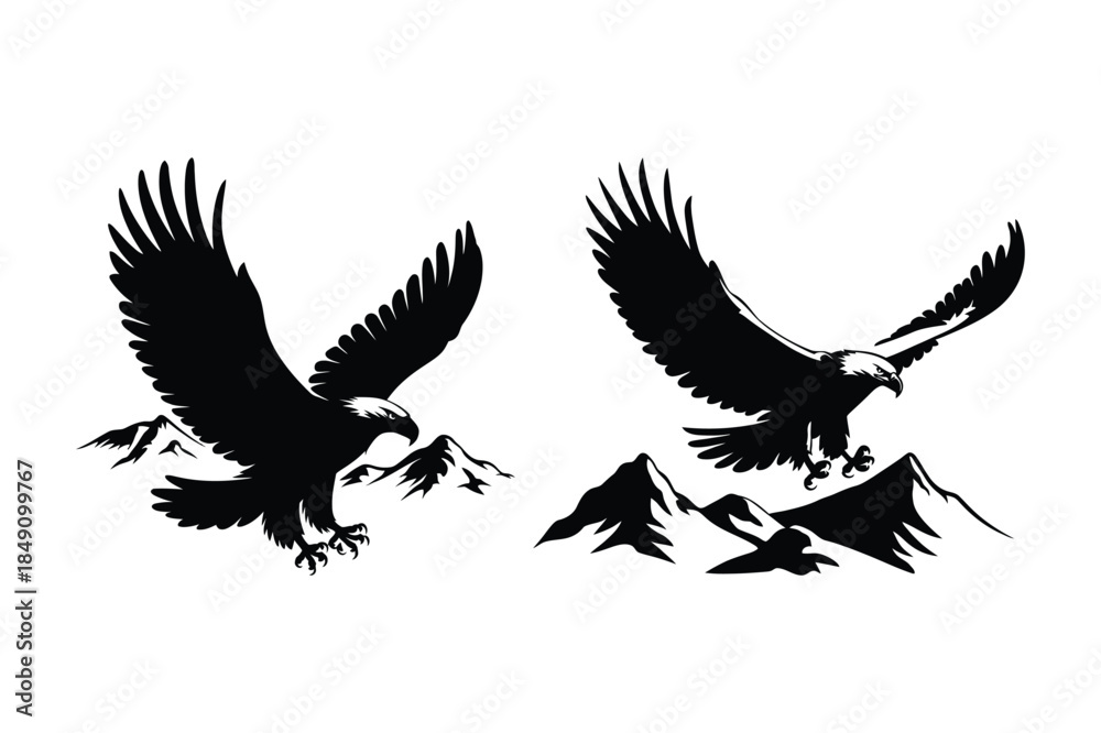 Fototapeta premium Two powerful eagle illustrations in flight over mountains, presented in black and white silhouette.